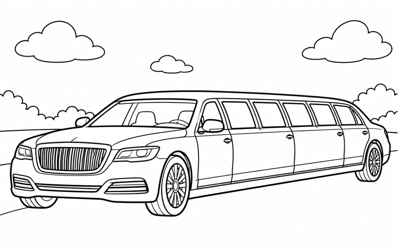 Tranh tô màu xe limousine nhìn thẳng dưới mây trắng