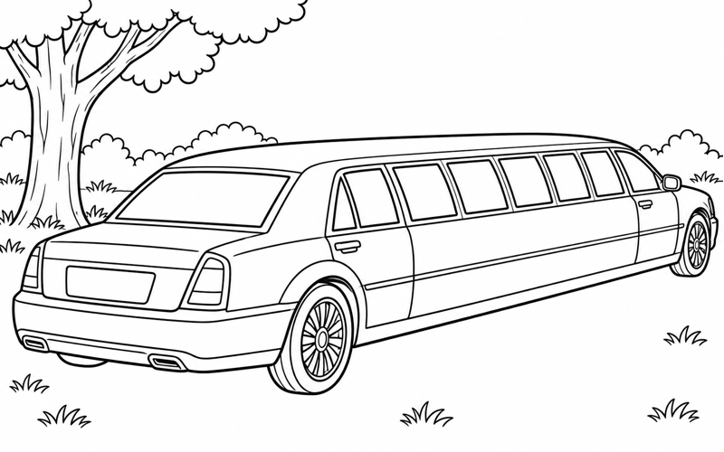 Tranh tô màu xe limousine nhìn từ phía sau bên cây