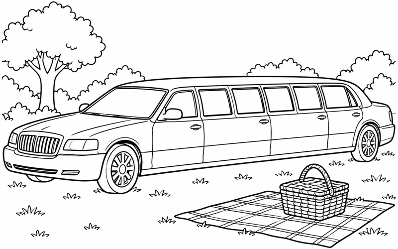 Tranh tô màu xe limousine bên giỏ dã ngoại