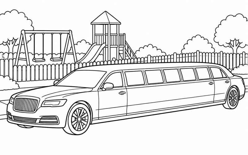 Tranh tô màu xe limousine cạnh hàng rào sân chơi