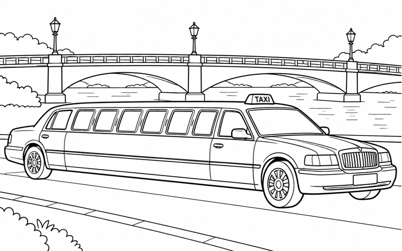 Tranh tô màu xe limousine cạnh cây cầu nhỏ