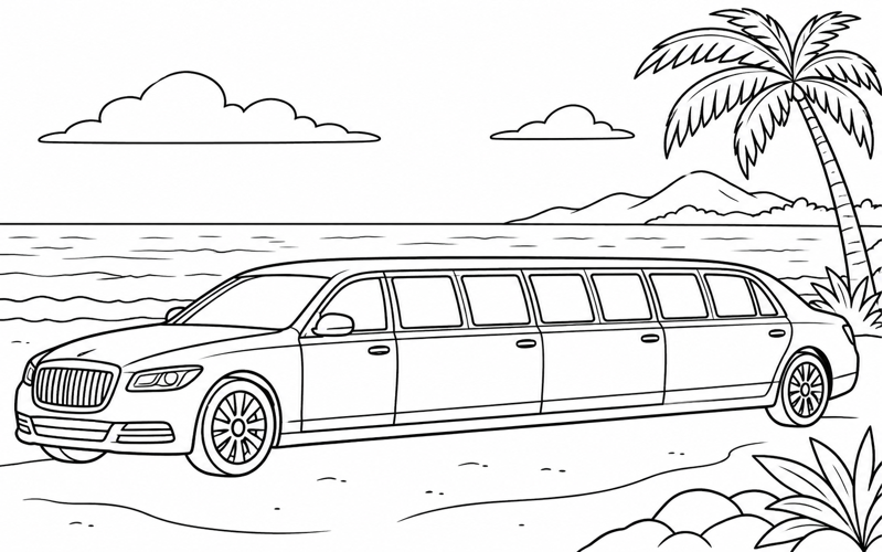 Tranh tô màu xe limousine bên bãi biển có cây cọ