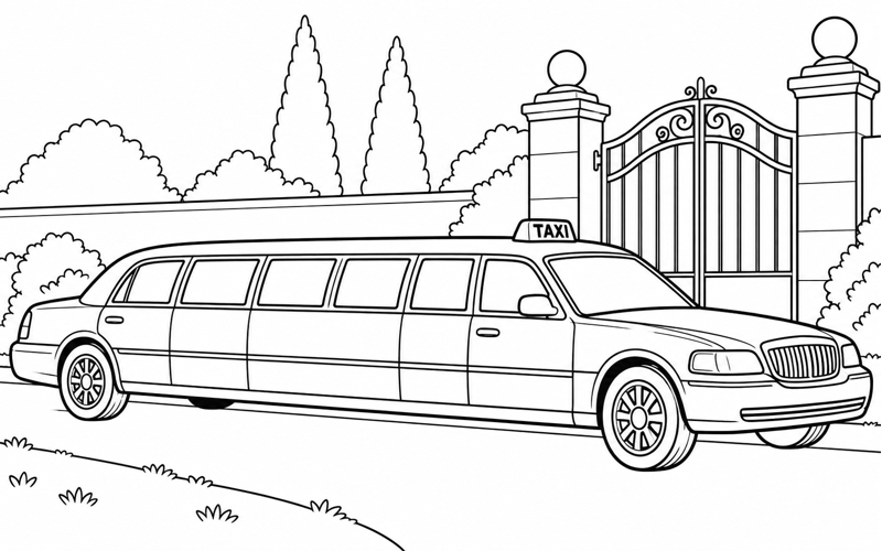 Tranh tô màu xe limousine trước cổng vườn
