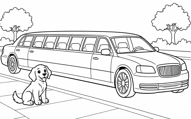 Tranh tô màu xe limousine đỗ bên chú chó nhỏ