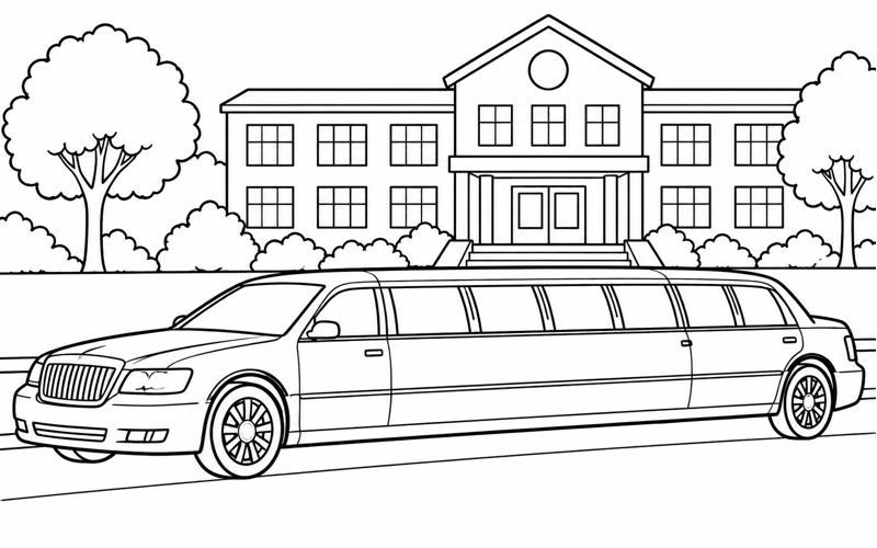 Tranh tô màu xe limousine gần ngôi trường