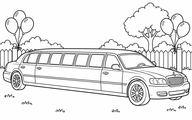 Tranh tô màu xe limousine bên hàng rào có bóng bay