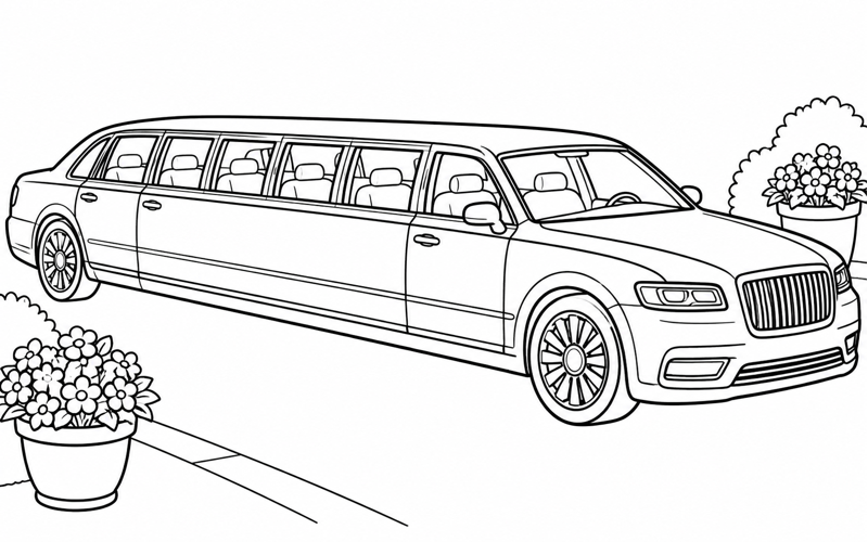 Tranh tô màu xe limousine cạnh chậu hoa