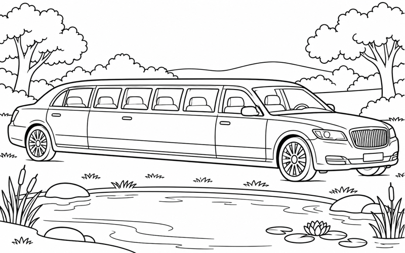 Tranh tô màu xe limousine bên ao nhỏ