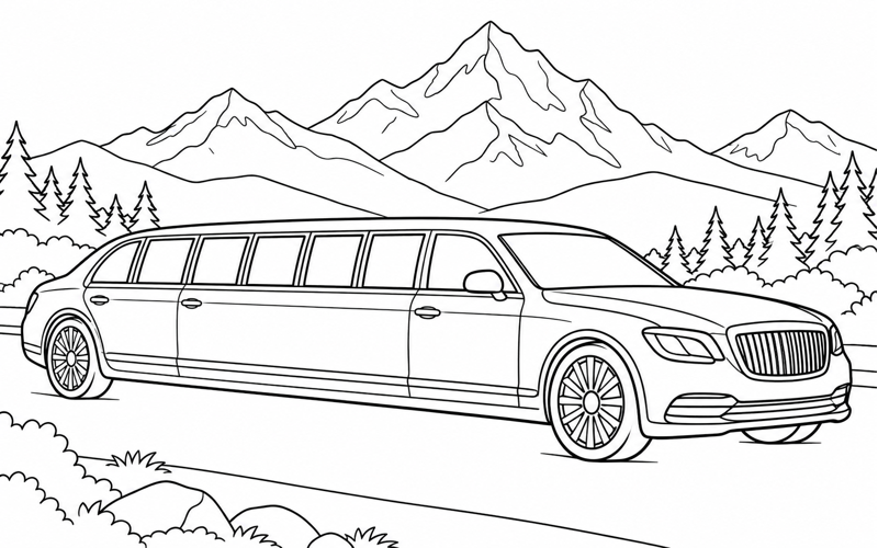 Tranh tô màu xe limousine trước dãy núi