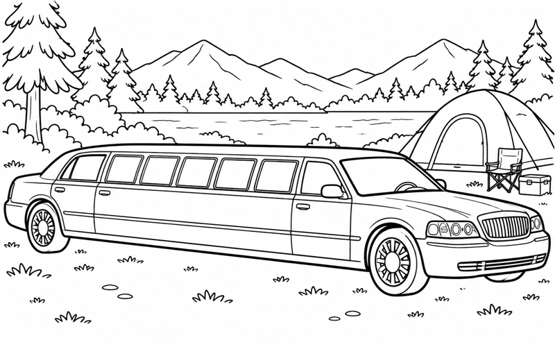 Tranh tô màu xe limousine ở khu cắm trại