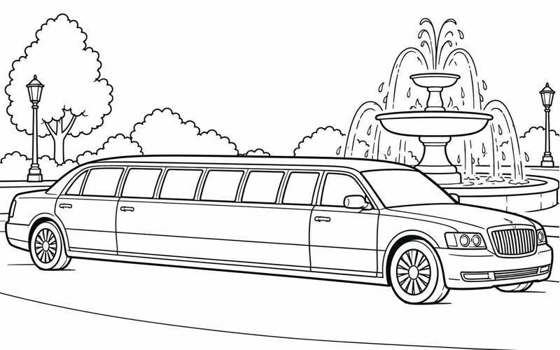Tranh tô màu xe limousine gần đài phun nước