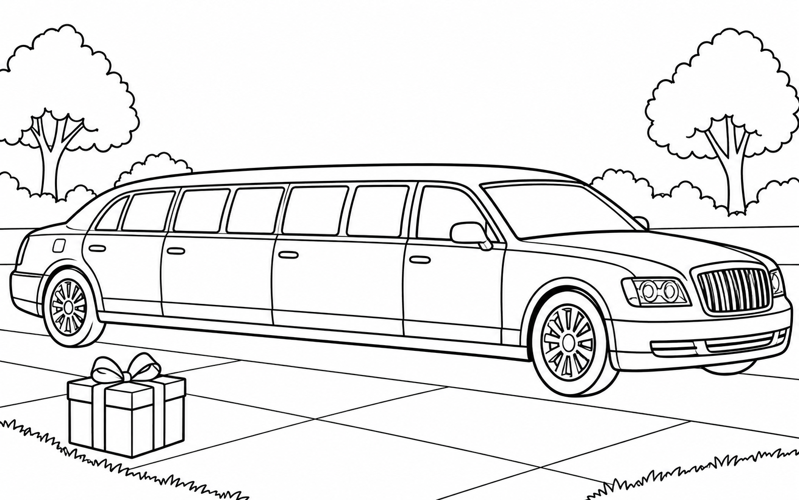 Tranh tô màu xe limousine bên hộp quà