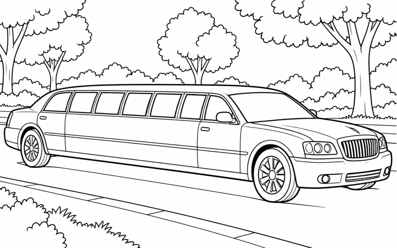 Tranh tô màu xe limousine trên phố có hàng cây