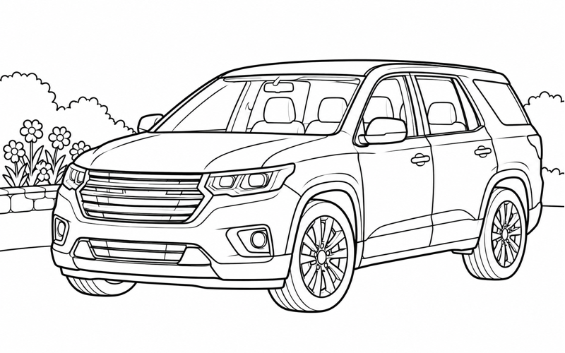 Tranh tô màu xe SUV bên khóm hoa
