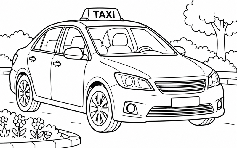 Tranh tô màu xe taxi bên khóm hoa