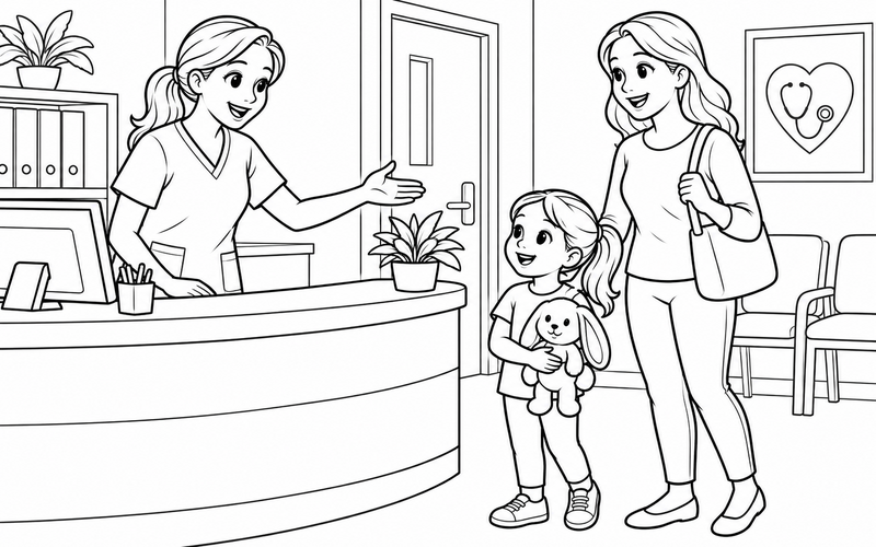 Tranh tô màu nữ y tá chào bé ở quầy tiếp đón